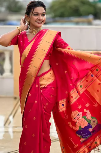 Rani pink silk blend saree with paithani rich weaved pallu and blouse