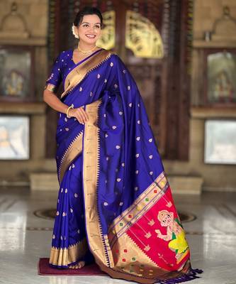 Violet silk blend saree with paithani rich weaved pallu and blouse 3