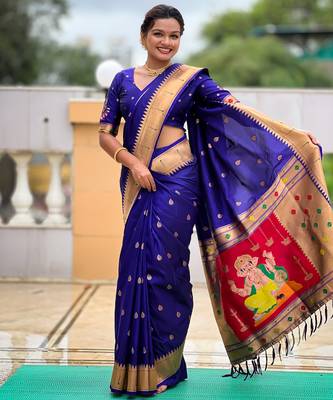 Violet silk blend saree with paithani rich weaved pallu and blouse 5