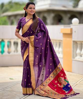 Wine silk blend saree with paithani rich weaved pallu and blouse 3