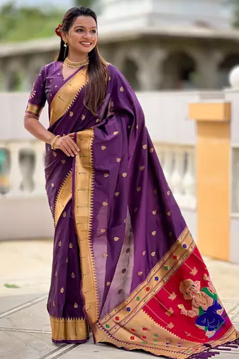 Wine silk blend saree with paithani rich weaved pallu and blouse