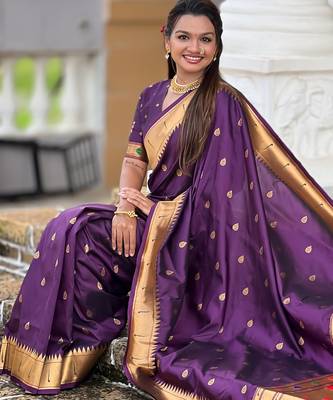 Wine silk blend saree with paithani rich weaved pallu and blouse 5