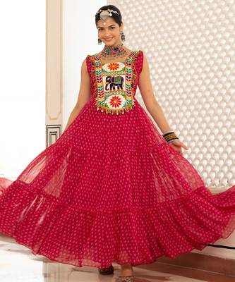 Pink faux georgette badhni print with kutchi patche work navratri gown 1