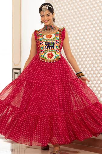 Pink faux georgette badhni print with kutchi patche work navratri gown