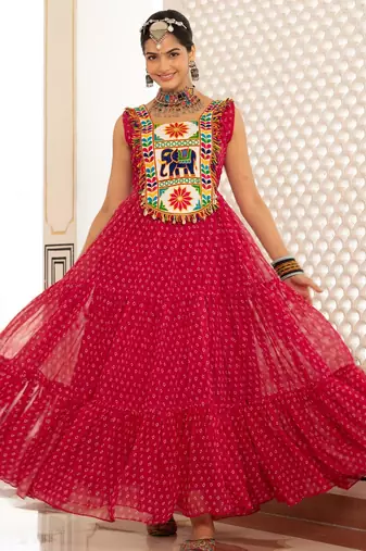 Pink faux georgette badhni print with kutchi patche work navratri gown