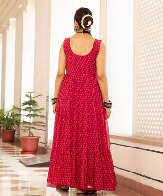 Pink faux georgette badhni print with kutchi patche work navratri gown 2