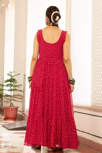 Pink faux georgette badhni print with kutchi patche work navratri gown
