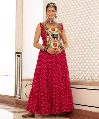 Pink faux georgette badhni print with kutchi patche work navratri gown 4