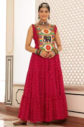 Pink faux georgette badhni print with kutchi patche work navratri gown