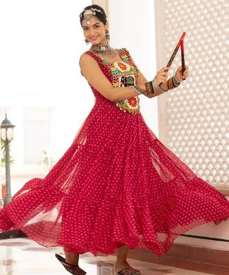 Pink faux georgette badhni print with kutchi patche work navratri gown 5