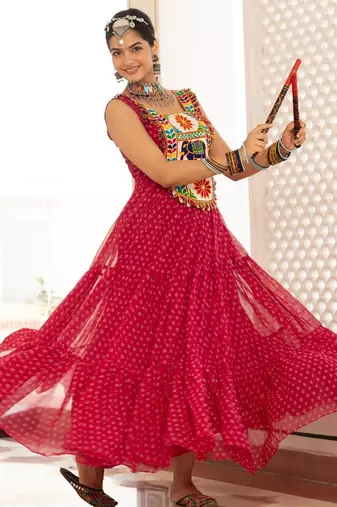 Pink faux georgette badhni print with kutchi patche work navratri gown