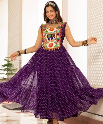 Purple faux georgette badhni print with kutchi patche work navratri gown 1