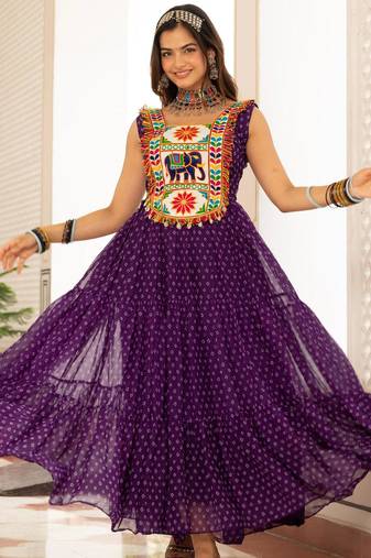 Purple faux georgette badhni print with kutchi patche work navratri gown