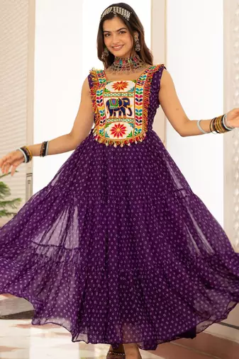 Purple faux georgette badhni print with kutchi patche work navratri gown