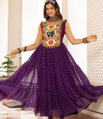 Purple faux georgette badhni print with kutchi patche work navratri gown