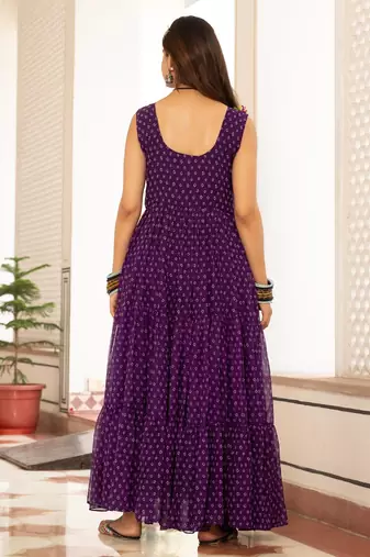 Purple faux georgette badhni print with kutchi patche work navratri gown