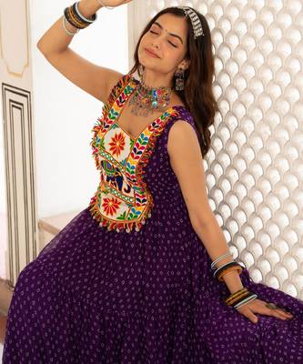 Purple faux georgette badhni print with kutchi patche work navratri gown 3