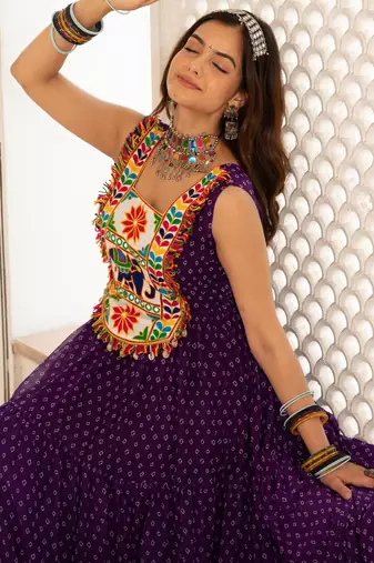 Purple faux georgette badhni print with kutchi patche work navratri gown