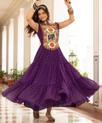 Purple faux georgette badhni print with kutchi patche work navratri gown 4
