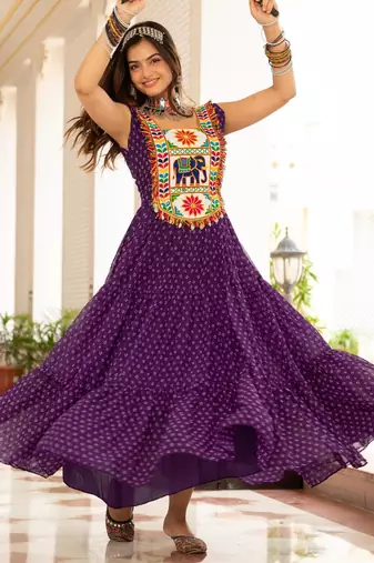 Purple faux georgette badhni print with kutchi patche work navratri gown
