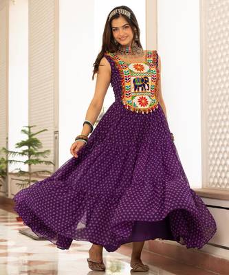 Purple faux georgette badhni print with kutchi patche work navratri gown 5