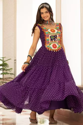 Purple faux georgette badhni print with kutchi patche work navratri gown