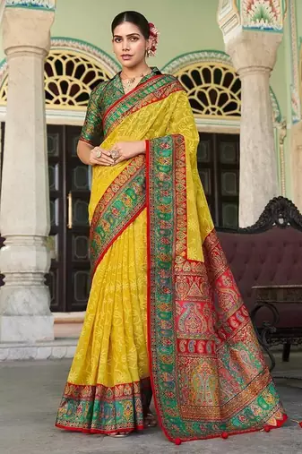 Mustard lucknowi viscose georgette saree with foil print