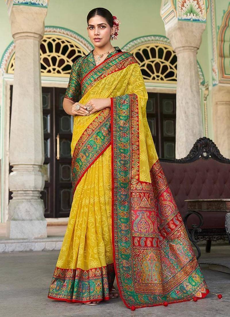 Mustard lucknowi viscose georgette saree with foil print