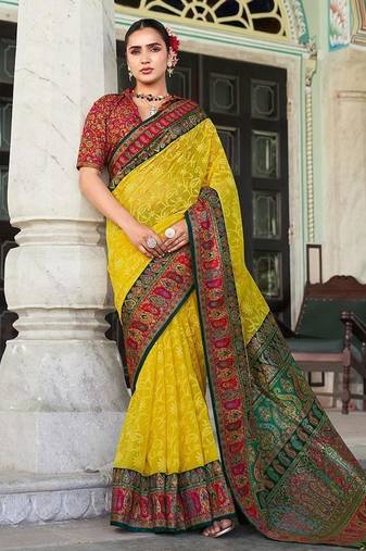 Yellow lucknowi viscose georgette saree with foil print