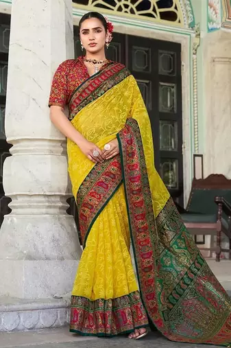 Yellow lucknowi viscose georgette saree with foil print