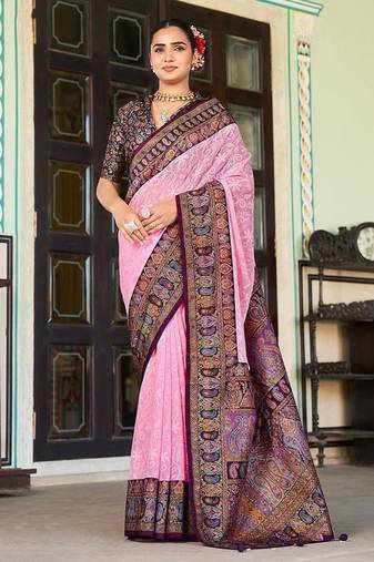 Light pink lucknowi viscose georgette saree with foil print