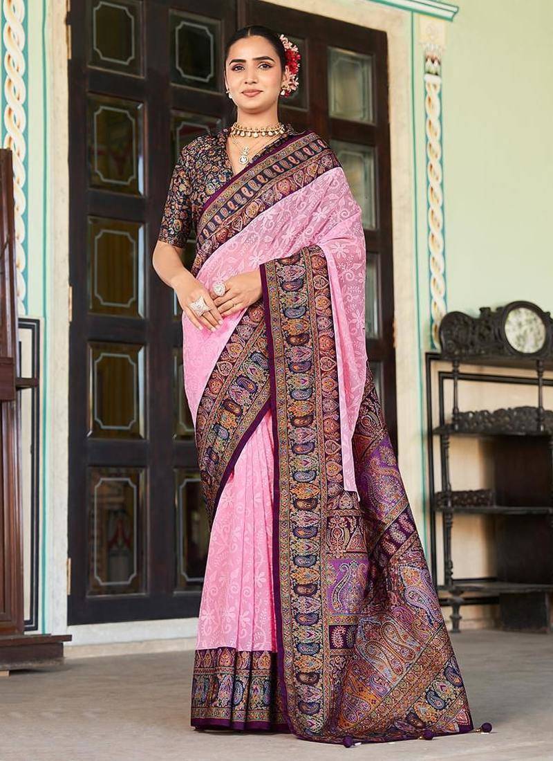 Light pink lucknowi viscose georgette saree with foil print
