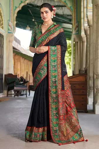 Black lucknowi viscose georgette saree with foil print