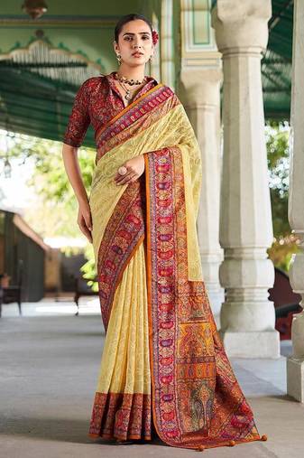 Pastel yellow lucknowi viscose georgette saree with foil print