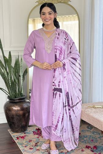 Lavender sequence embroidery viscos chanderi silk kurta set with nazmin printed dupatta