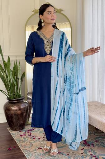 Blue sequence embroidery viscos chanderi silk kurta set with nazmin printed dupatta