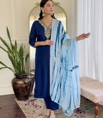 Blue sequence embroidery viscos chanderi silk kurta set with nazmin printed dupatta
