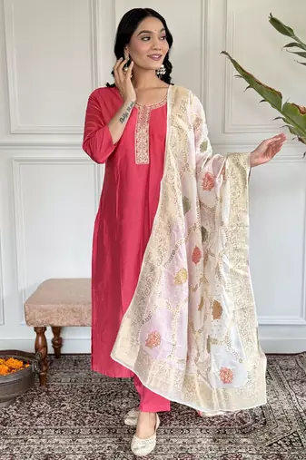 Gajari sequence embroidery kurta set with floral jacquard dupatta for women