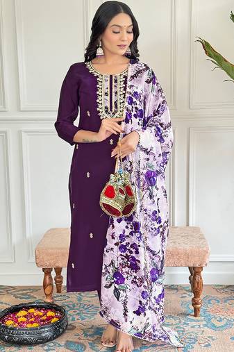Wine sequnec embroidery viscos chanderi kurta set with printed organza dupatta for women