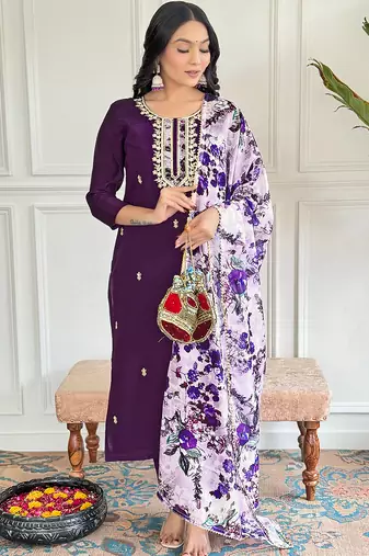 Wine sequnec embroidery viscos chanderi kurta set with printed organza dupatta for women