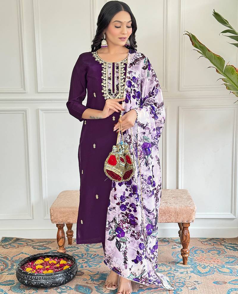 Wine sequnec embroidery viscos chanderi kurta set with printed organza dupatta for women