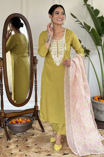 Yellow sequence embroidery viscos kurta set with printed chanderi dupatta for women