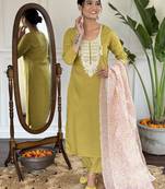 Yellow sequence embroidery viscos kurta set with printed chanderi dupatta for women