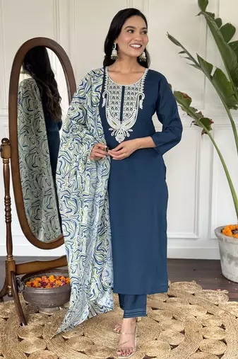 Teal sequence embroidery viscos kurta set with printed chanderi dupatta for women