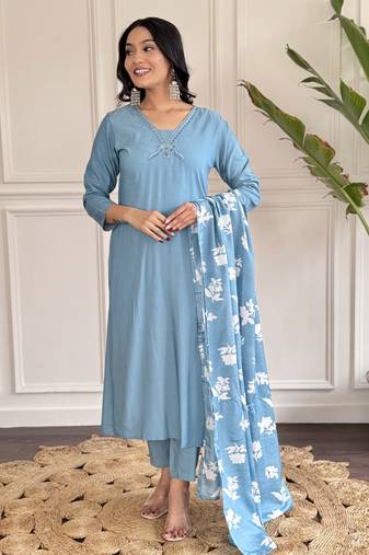 Sky blue sequence embroidery viscos chanderi silk kurta set with silk dupatta