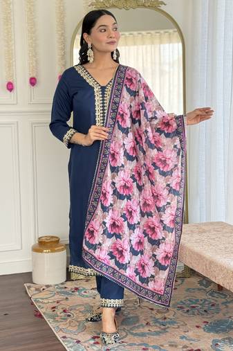 Blue floral sequence embroidery viscos silk kurta set with printed chinon dupatta for women