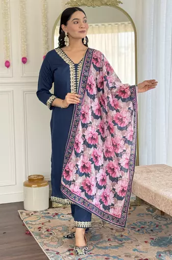 Blue floral sequence embroidery viscos silk kurta set with printed chinon dupatta for women