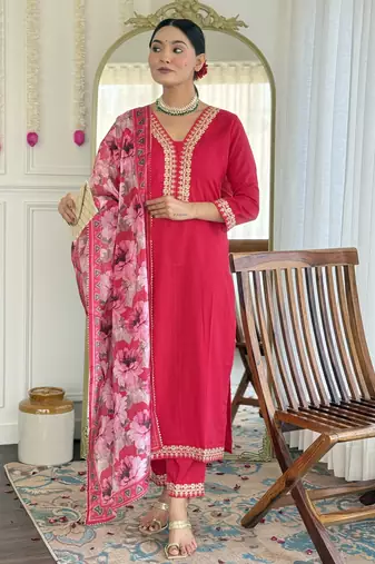 Rani pink floral sequence embroidery viscos silk kurta set with printed chinon dupatta for women
