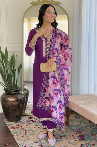 Violet floral sequence embroidery viscos silk kurta set with printed chinon dupatta for women