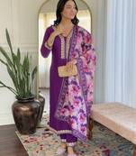 Violet floral sequence embroidery viscos silk kurta set with printed chinon dupatta for women